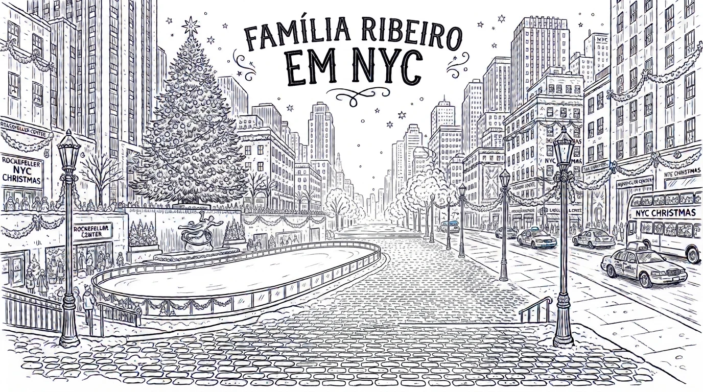 Desenho do Rockefeller Center no Natal com o título A Família Ribeiro em NYC